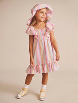 RAINBOW STRIPE SHIRRED FRILL DRESS