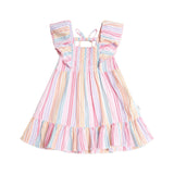 RAINBOW STRIPE SHIRRED FRILL DRESS