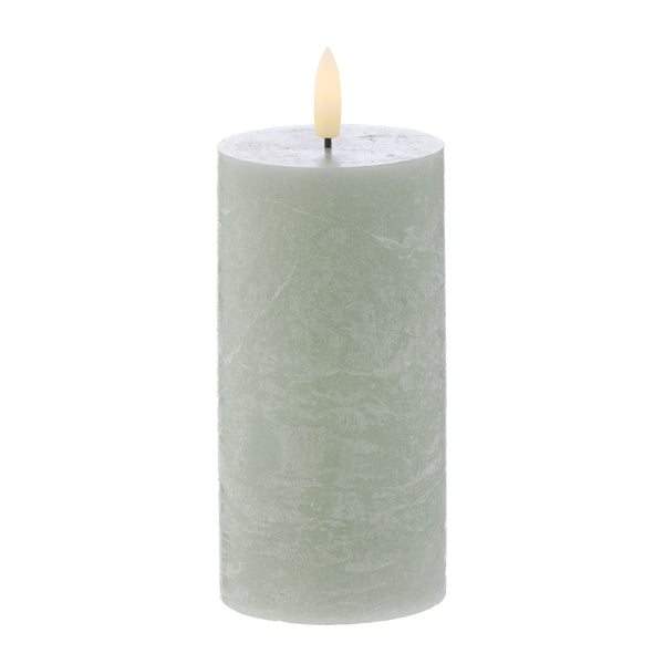HUGHE LED FLICKERING PILLAR CANDLE - Rustic Green 7.5x7.5x15cm