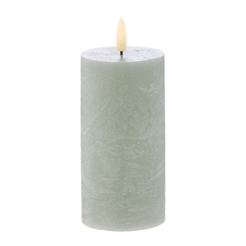 HUGHE LED FLICKERING PILLAR CANDLE - Rustic Green 7.5x7.5x15cm