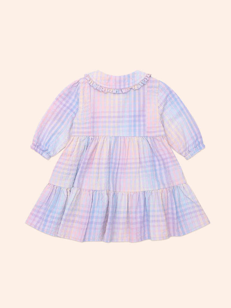 RAINBOW CHECK LONG SLEEVE FRILL DRESS