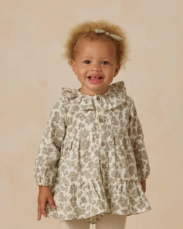 RUFFLE COLLAR BUTTON DRESS - Green Floral