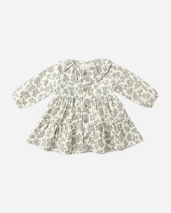 RUFFLE COLLAR BUTTON DRESS - Green Floral