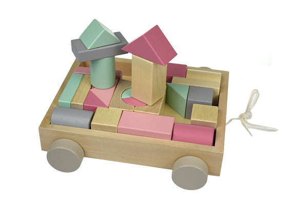 WOODEN BLOCKS AND PULL ALONG CART - Pink multi