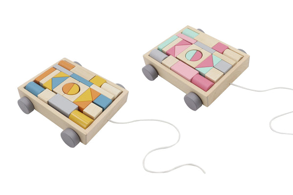 WOODEN BLOCKS AND PULL ALONG CART - Pink multi