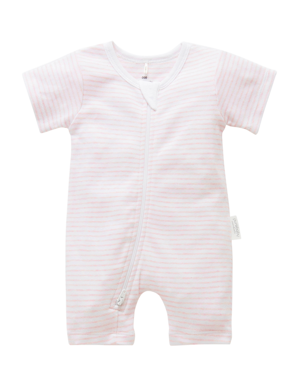 SHORT ZIP GROWSUIT - Pale Pink Melange Stripe