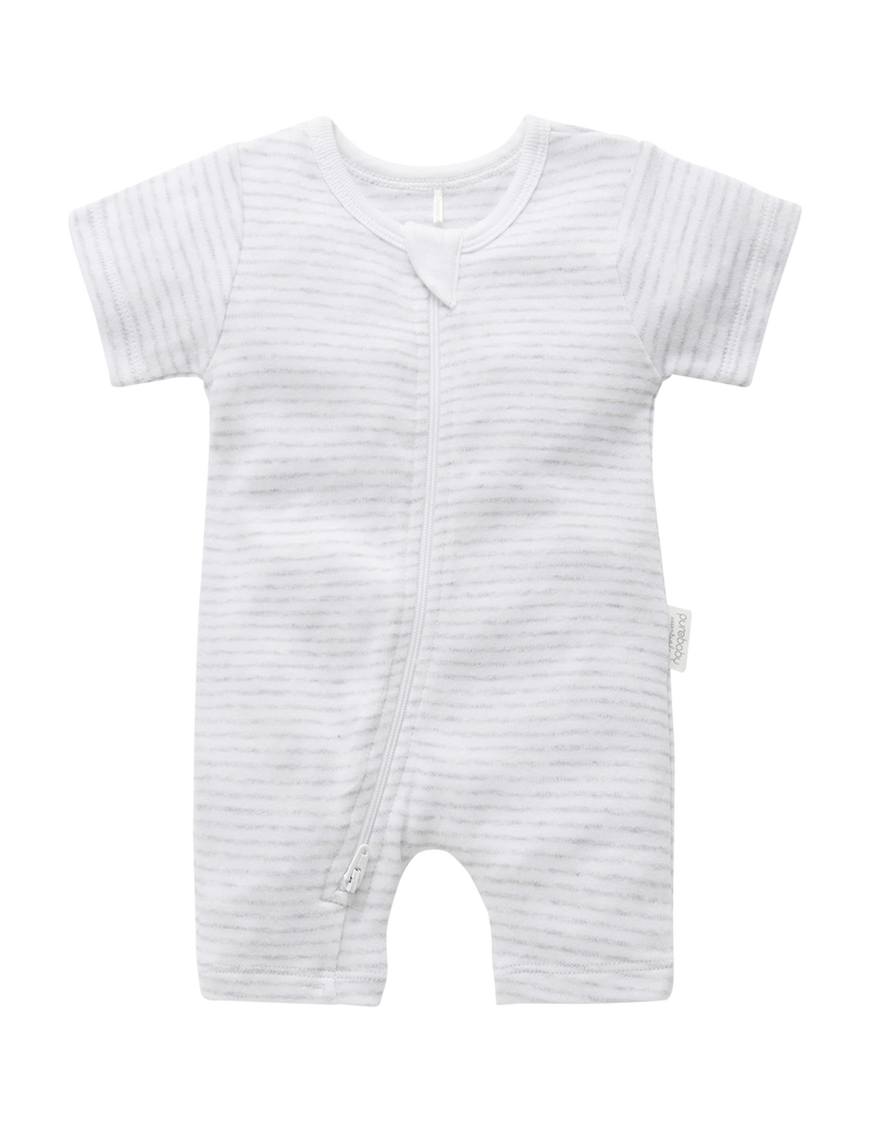 SHORT ZIP GROWSUIT - Pale Grey Melange Stripe