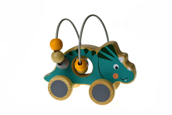 WOODEN DINOSAUR BEAD MAZE ON WHEEL BLUE