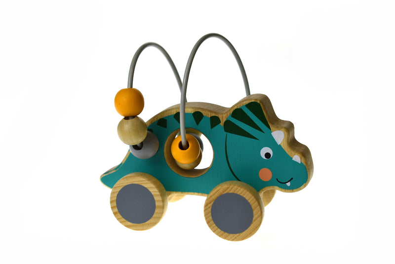 WOODEN DINOSAUR BEAD MAZE ON WHEEL BLUE