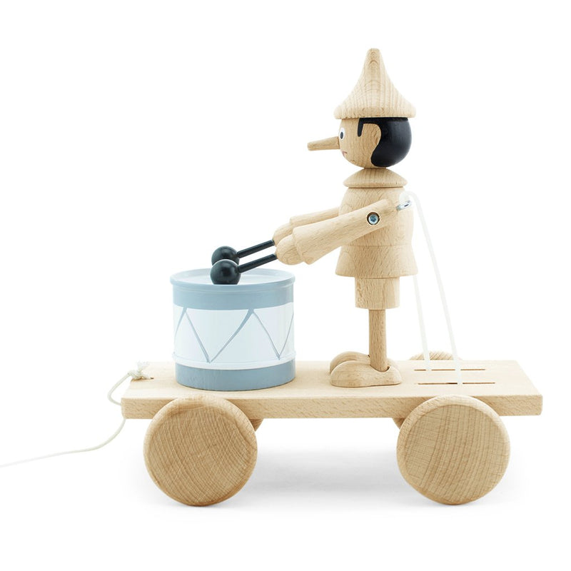 WOODEN PULL ALONG PINOCCHIO TOY WITH DRUM - Natural