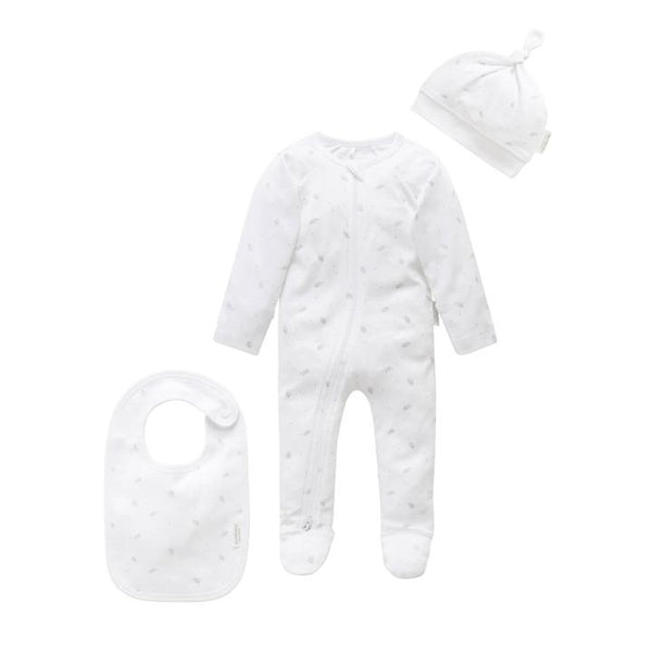 ZIP GROWSUIT 3 PIECE SET - Pale Grey Leaf with Spot